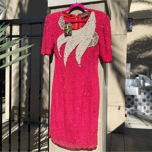 Vintage NWT 80a Gold Star Red Beaded Silk Dress
